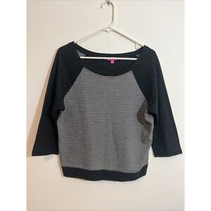 Betsey Johnson L Raglan Top Blokette Black Gray Short Polka Dot Stripe